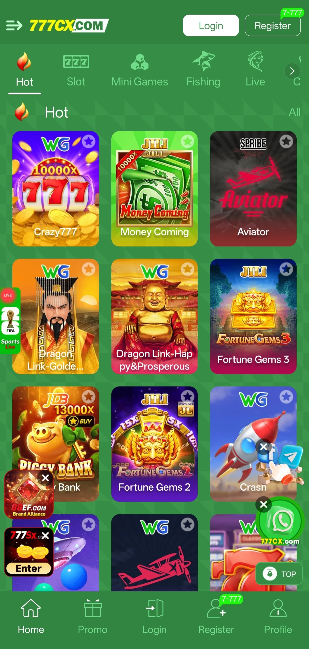 777cx game app home screen showing hot slot games on a mobile phone