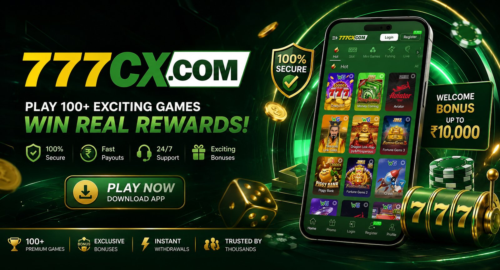 777cx.com promotional banner — play 100+ games, win real rewards, welcome bonus up to Rs.10,000