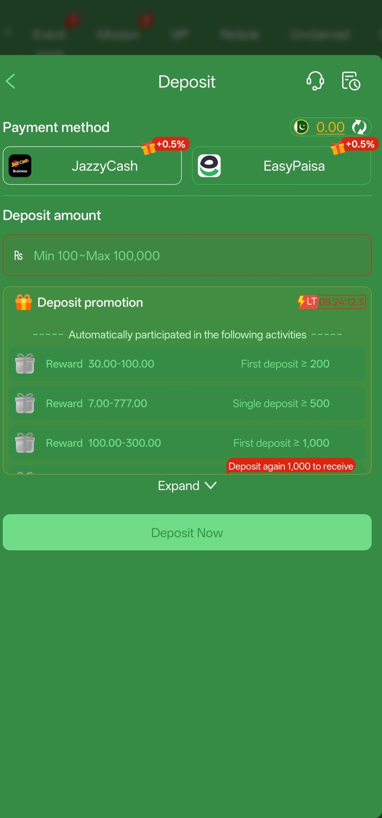 777cx app deposit screen with JazzyCash and EasyPaisa