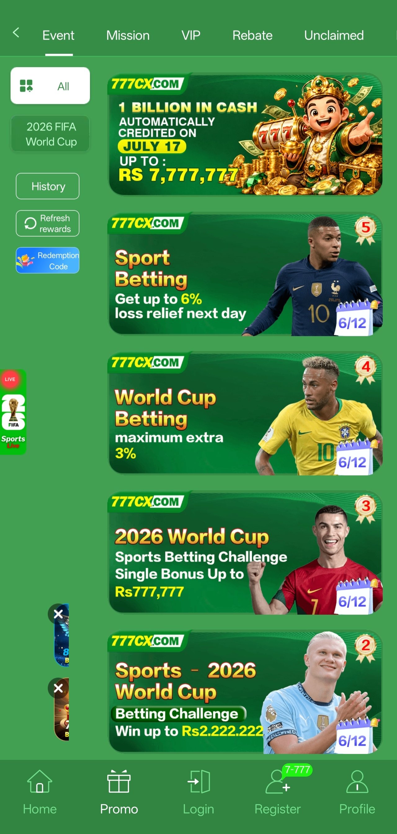 777cx app promotions and rewards screen